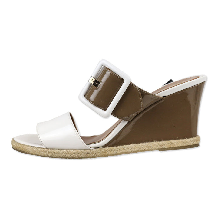 Fendi White/Taupe Patent Leather Espadrille Wedge Mules