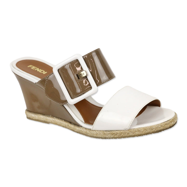 Fendi White/Taupe Patent Leather Espadrille Wedge Mules