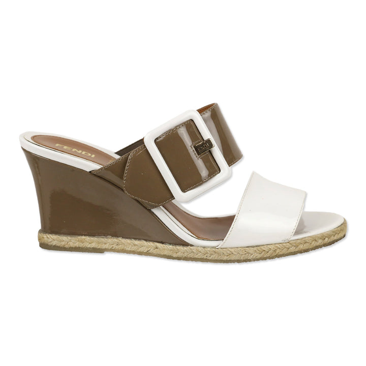 Fendi White/Taupe Patent Leather Espadrille Wedge Mules
