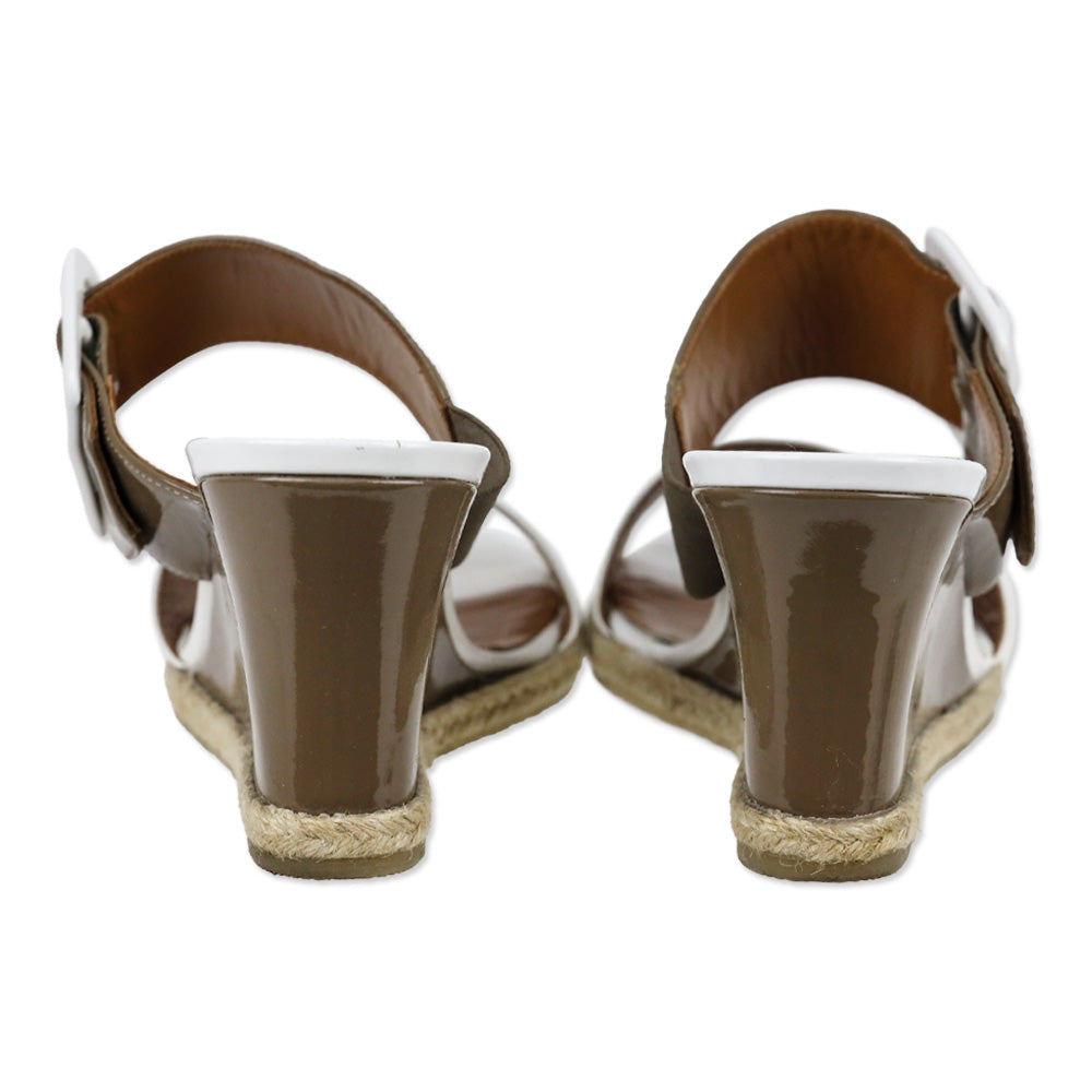 Fendi White/Taupe Patent Leather Espadrille Wedge Mules