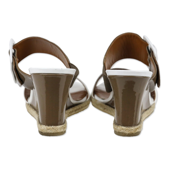 Fendi White/Taupe Patent Leather Espadrille Wedge Mules