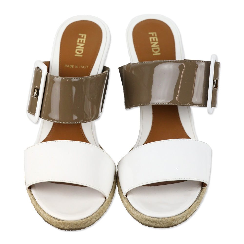 Fendi White/Taupe Patent Leather Espadrille Wedge Mules