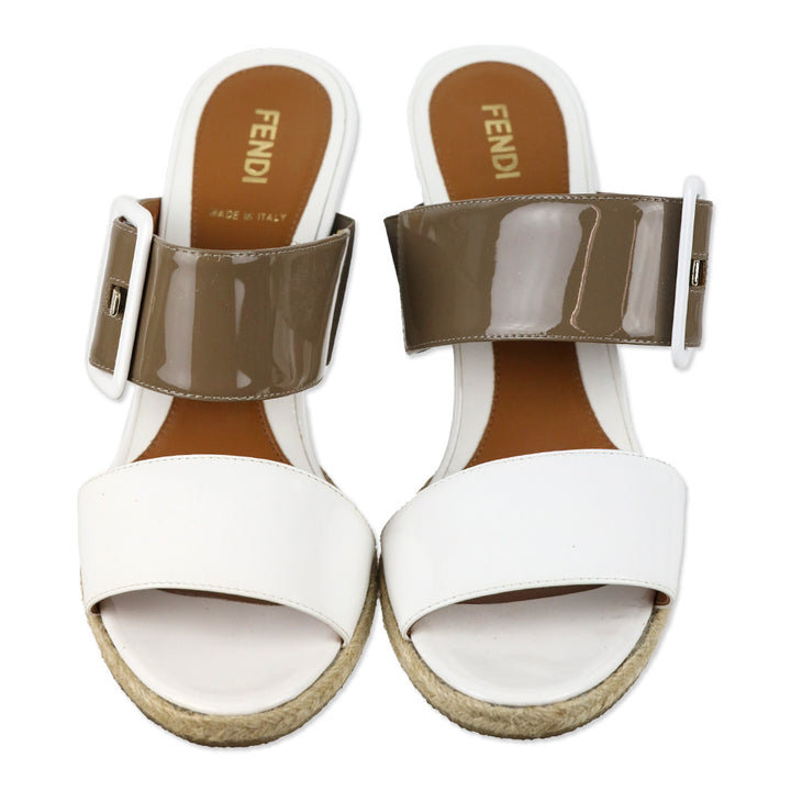 Fendi White/Taupe Patent Leather Espadrille Wedge Mules