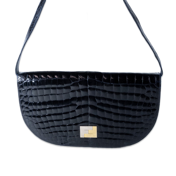 Fendi Navy Croc Half Circle Shoulder Bag