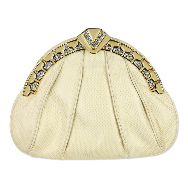 Finesse La Model Cream Lizard Skin Medium Frame Clutch with Chain Strap