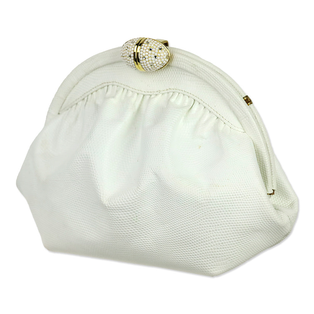 Finesse La Model White Lizard Skin Frame Clutch with Chain Strap