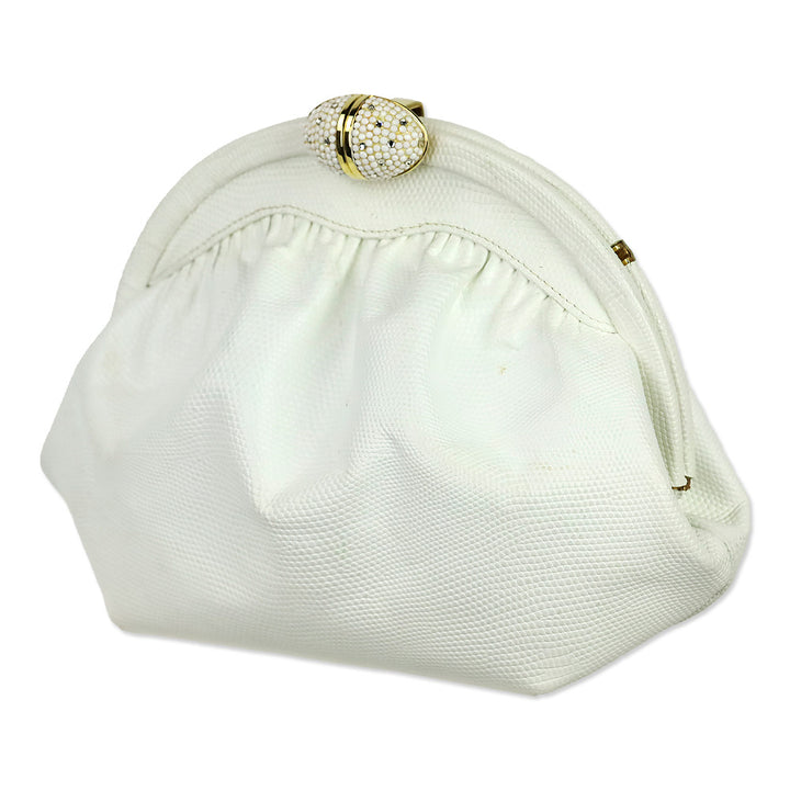 Finesse La Model White Lizard Skin Frame Clutch with Chain Strap