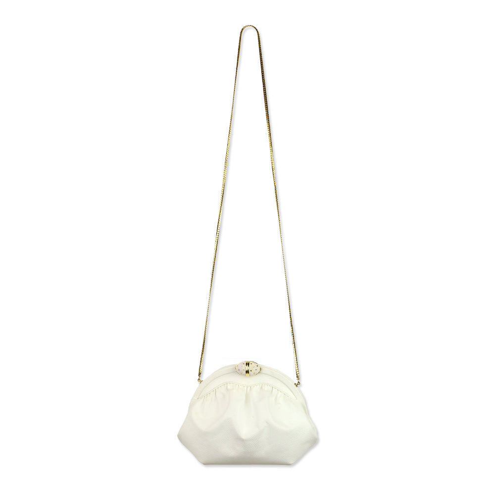 Finesse La Model White Lizard Skin Frame Clutch with Chain Strap