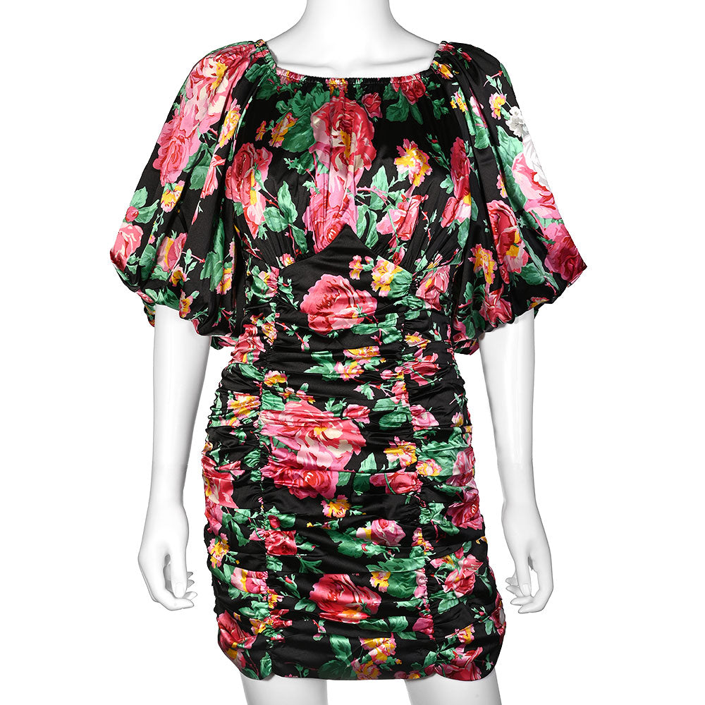 For Love & Lemons Floral Print Satin Ruched Dress