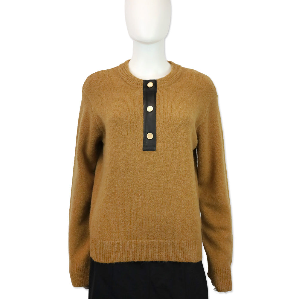 Frame Camel Leather Placket Henley Alpaca-Blend Sweater