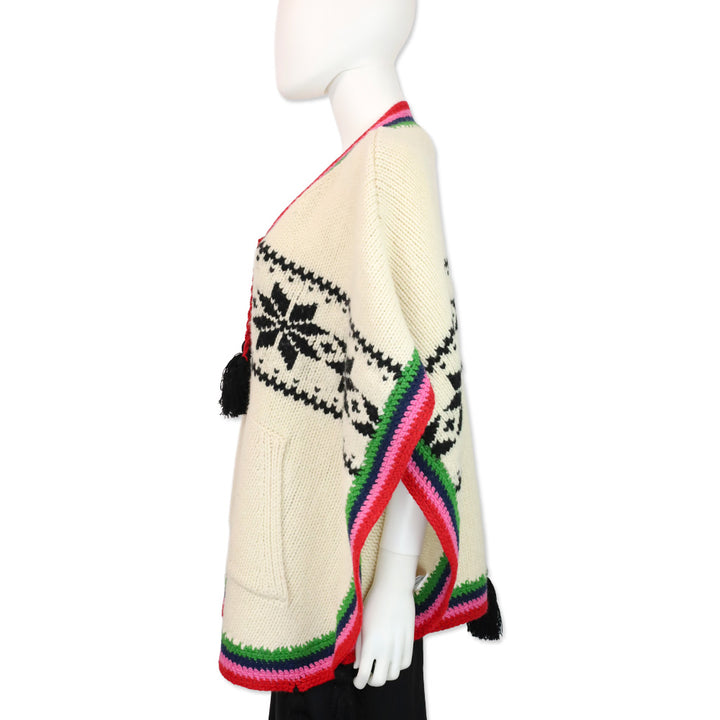 Frances Valentine Oyster/Multi Wool Knit Fair Isle Festival Poncho