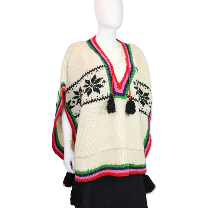 Frances Valentine Oyster/Multi Wool Knit Fair Isle Festival Poncho