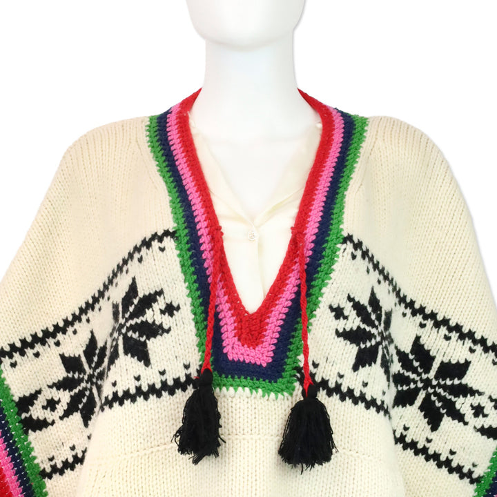 Frances Valentine Oyster/Multi Wool Knit Fair Isle Festival Poncho