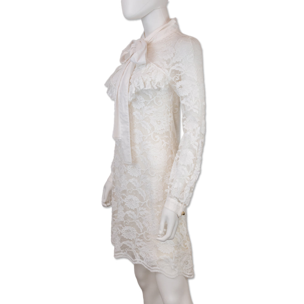 Francesco Scognamiglio White Lace Bow Long Sleeve Mini Dress