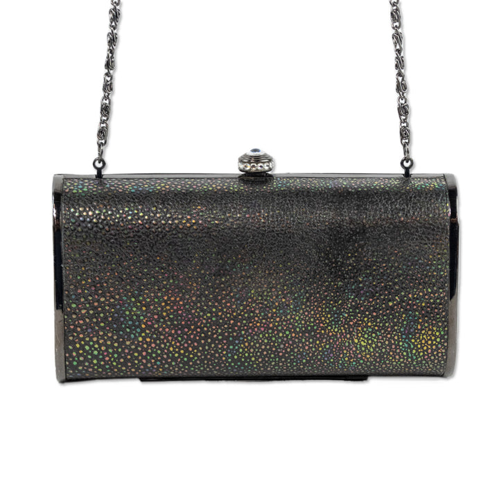 Franchi Holographic Grey Pebbeled Leather Frame Clutch