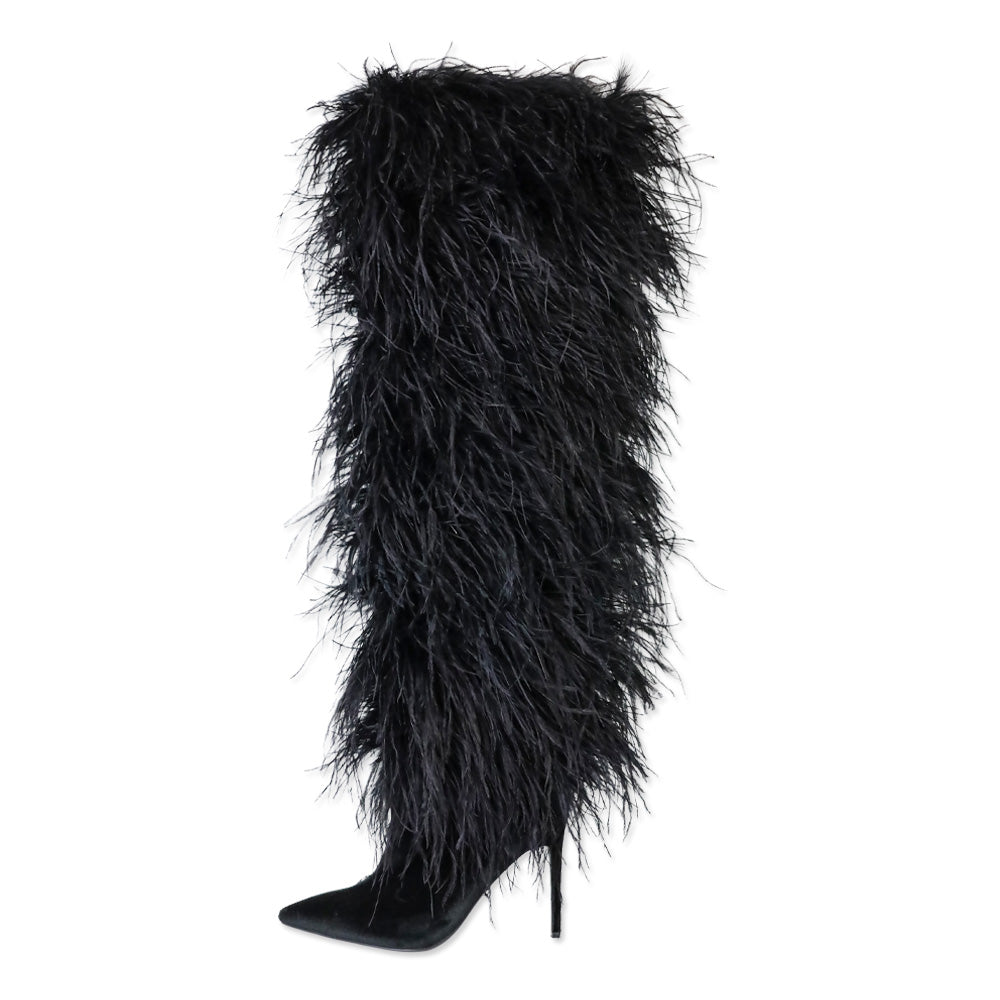 Franki 1.0 Black Ostrich Feather Thigh-High Boots