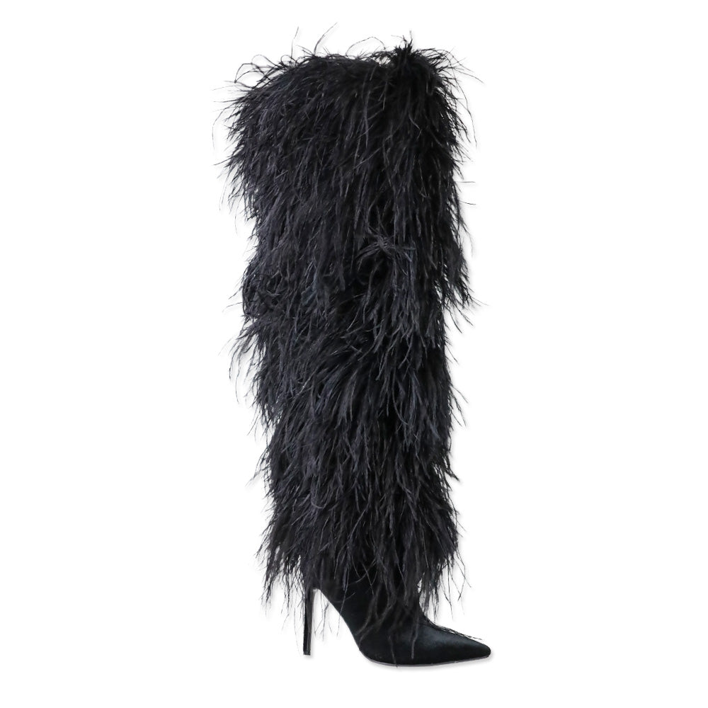 Franki 1.0 Black Ostrich Feather Thigh-High Boots