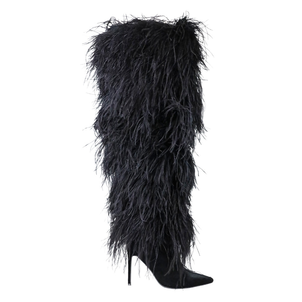 Franki 1.0 Black Ostrich Feather Thigh-High Boots