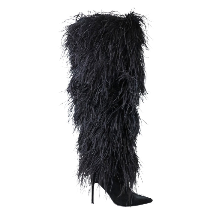 Franki 1.0 Black Ostrich Feather Thigh-High Boots