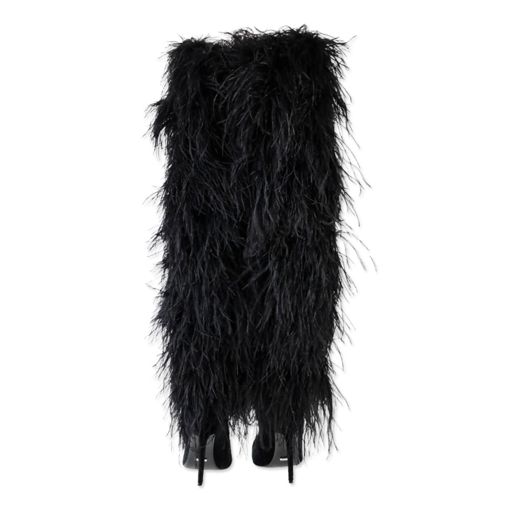 Franki 1.0 Black Ostrich Feather Thigh-High Boots