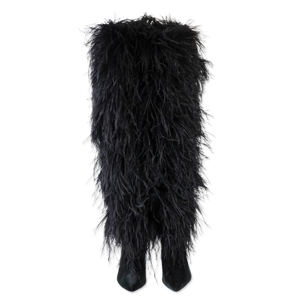 Franki 1.0 Black Ostrich Feather Thigh-High Boots