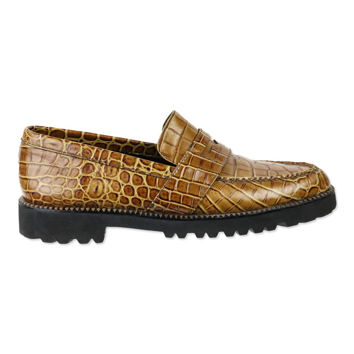 Freda Salvador Camel Embossed Croc Leather Char Lug Sole Loafers