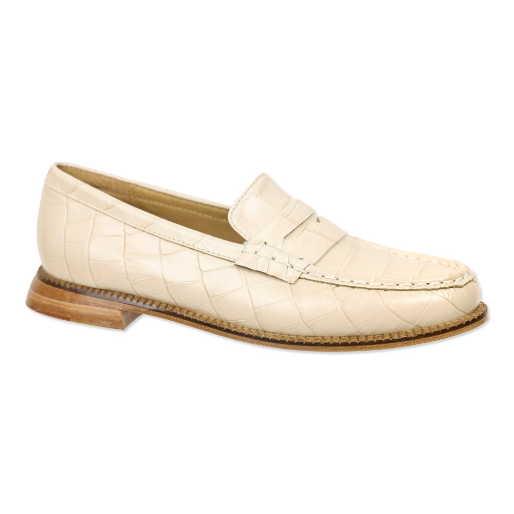 Freda Salvador Cream Embossed Croc Leather Penny Loafers