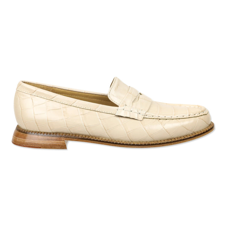 Freda Salvador Cream Embossed Croc Leather Penny Loafers