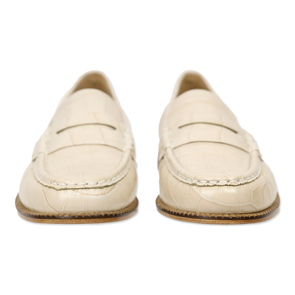 Freda Salvador Cream Embossed Croc Leather Penny Loafers