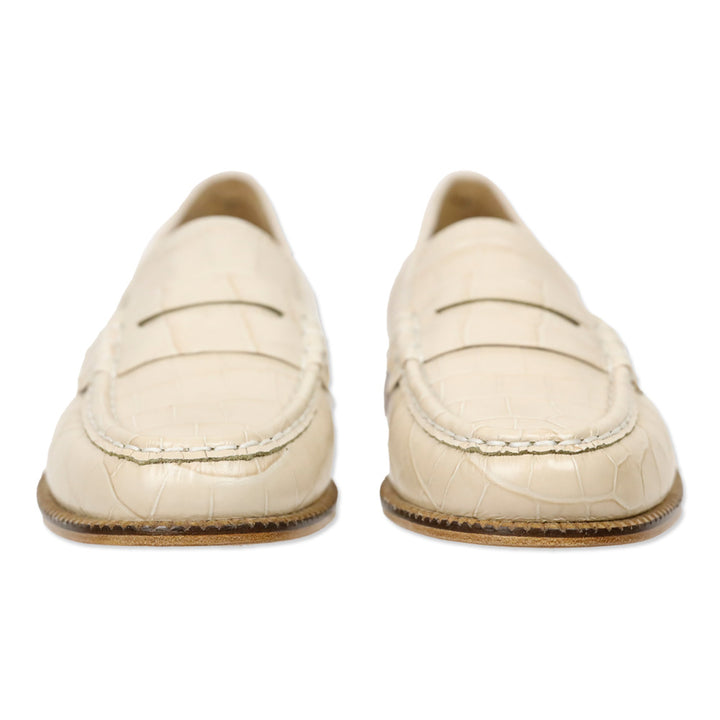 Freda Salvador Cream Embossed Croc Leather Penny Loafers