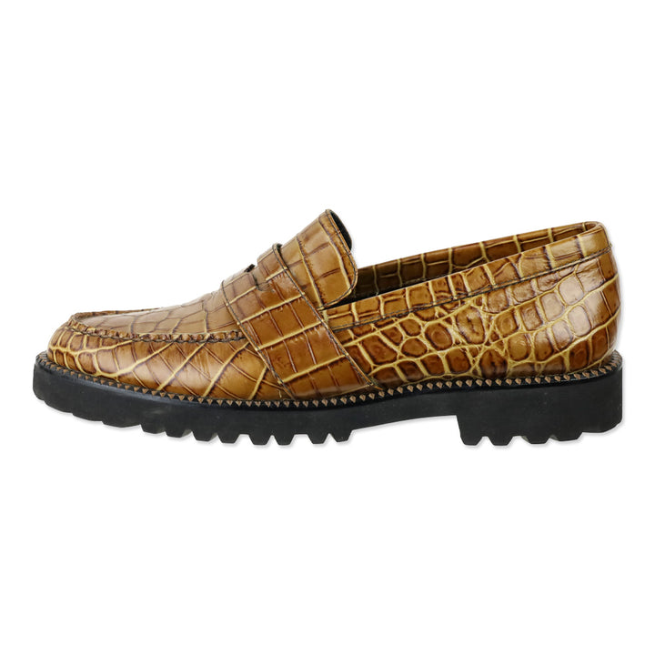 Freda Salvador Camel Embossed Croc Leather Char Lug Sole Loafers