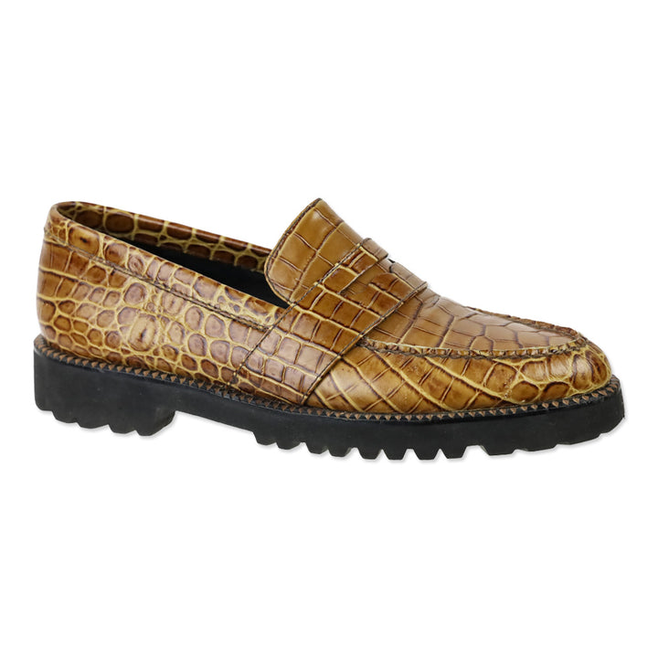 Freda Salvador Camel Embossed Croc Leather Char Lug Sole Loafers