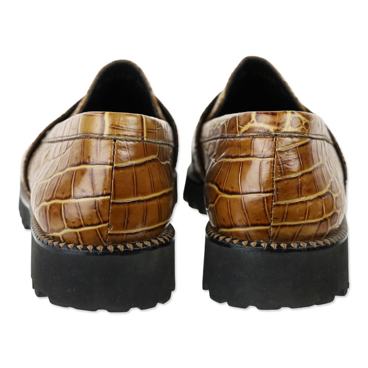 Freda Salvador Camel Embossed Croc Leather Char Lug Sole Loafers