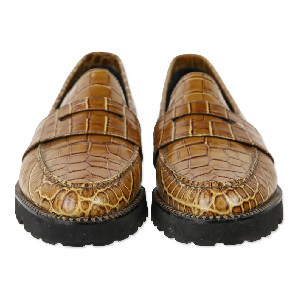 Freda Salvador Camel Embossed Croc Leather Char Lug Sole Loafers