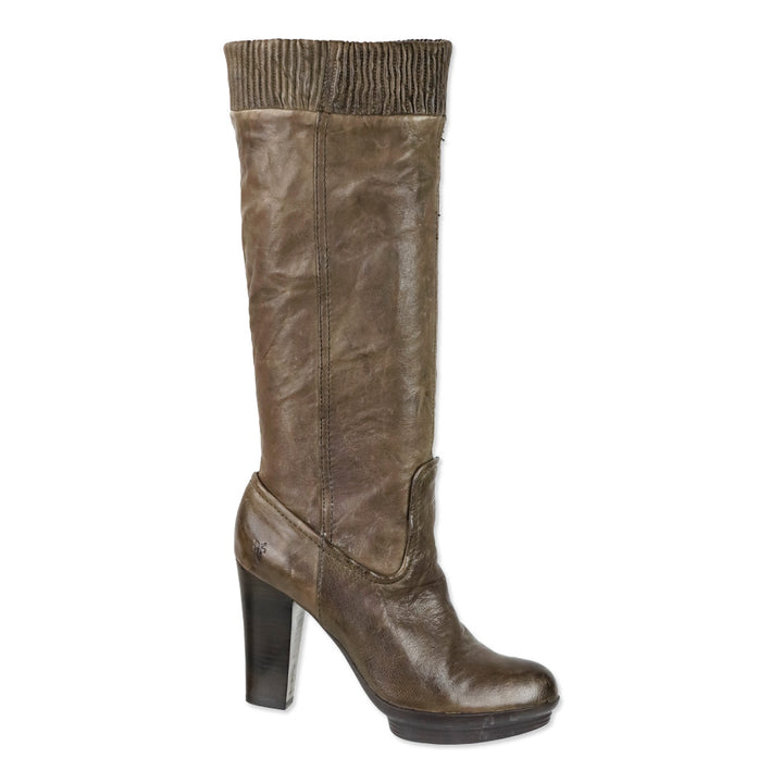 Frye Brown Mimi Scrunch Leather Knee High Heeled Boots