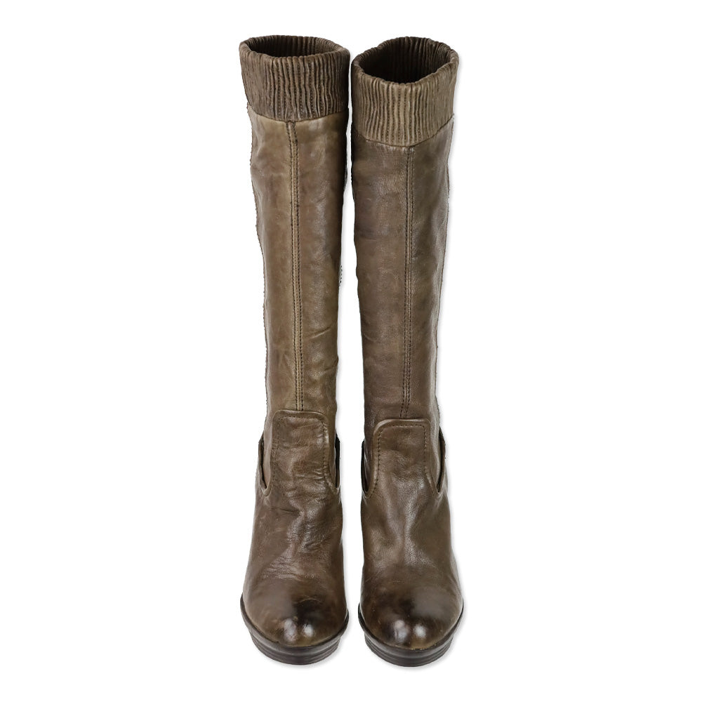 Frye Brown Mimi Scrunch Leather Knee High Heeled Boots