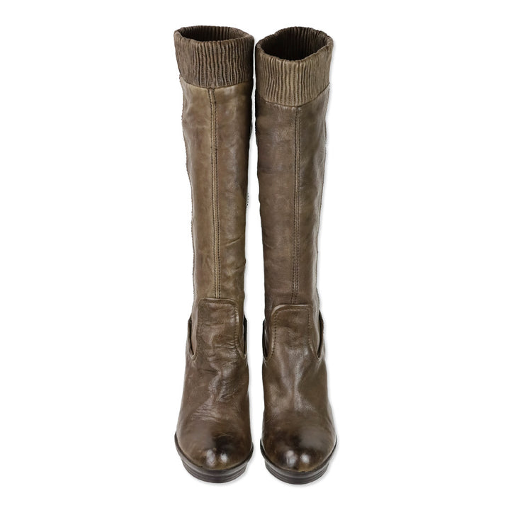 Frye Brown Mimi Scrunch Leather Knee High Heeled Boots