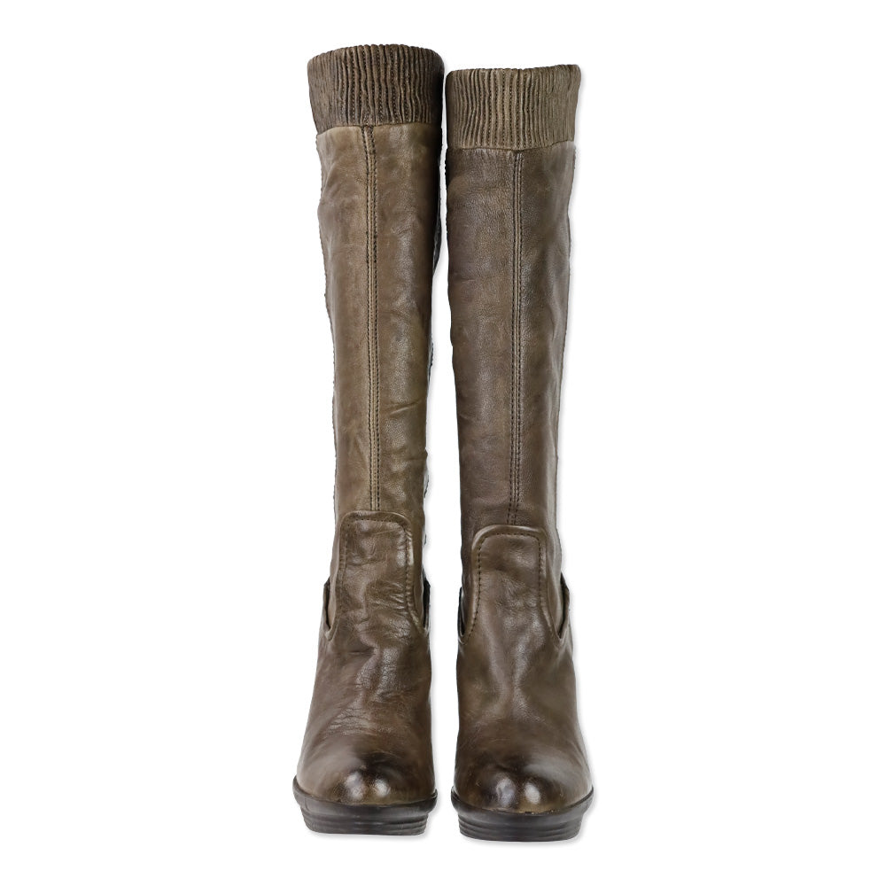 Frye Brown Mimi Scrunch Leather Knee High Heeled Boots