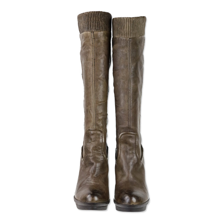 Frye Brown Mimi Scrunch Leather Knee High Heeled Boots