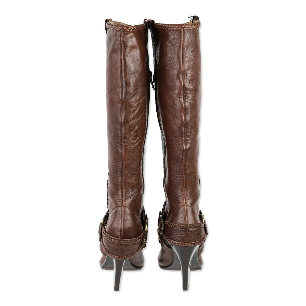Frye Brown Vicki Tall Braided Harness Boots