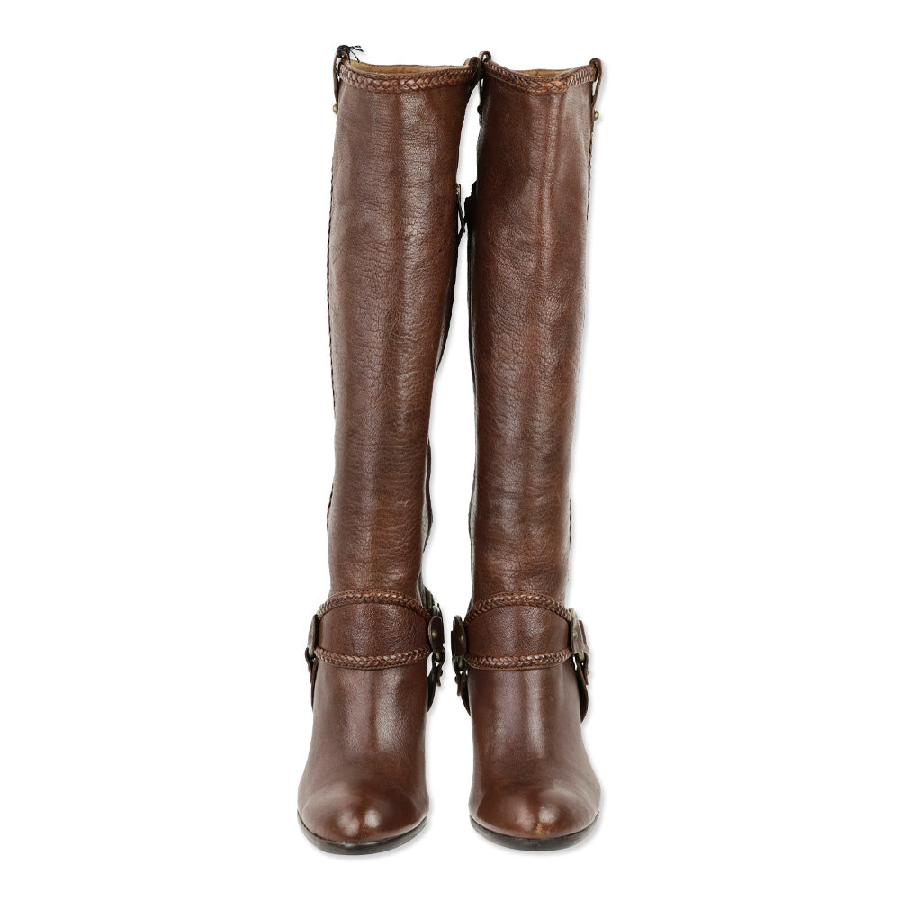 Frye Brown Vicki Tall Braided Harness Boots