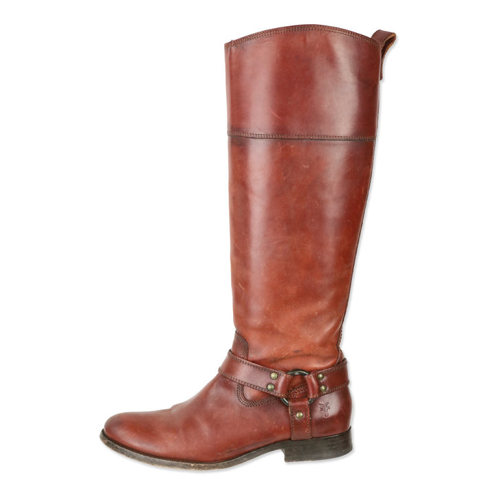 Frye Melissa Burn Red Leather Inside Zipper Harness Riding Boots