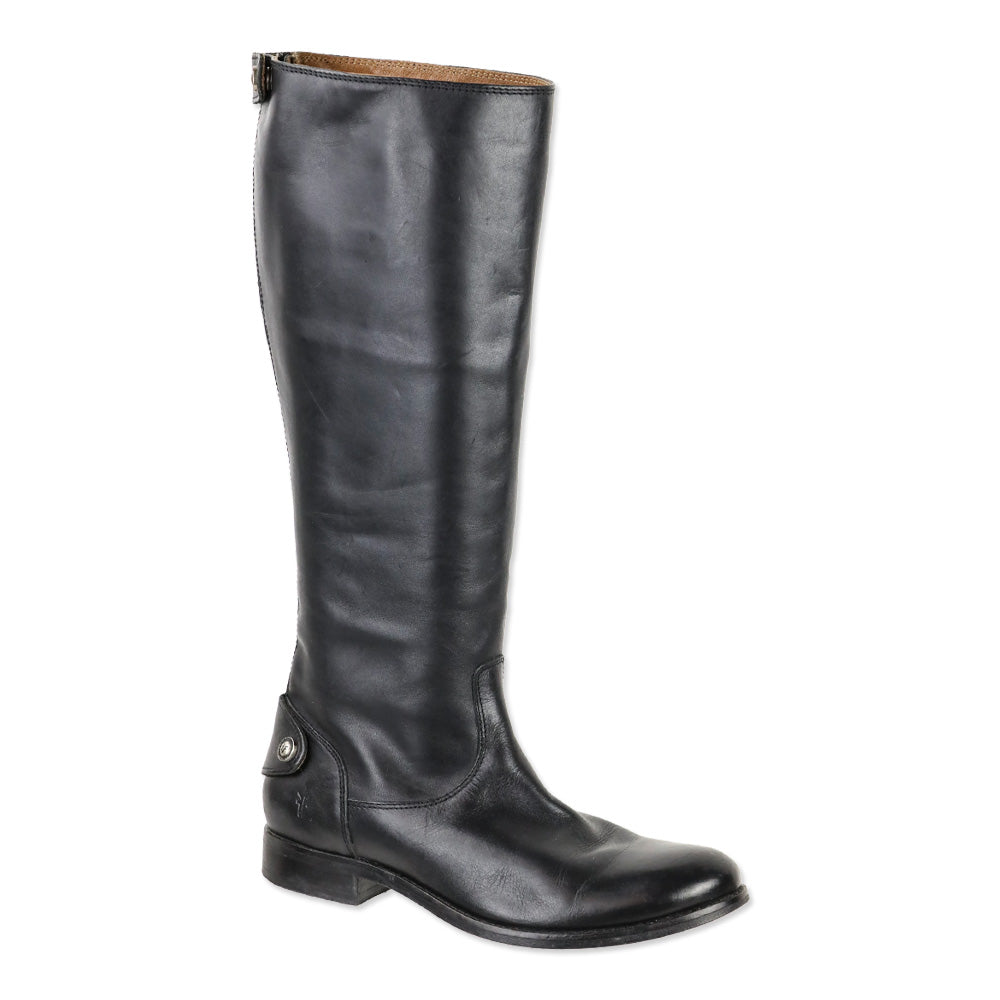 Frye Melissa Button Back Zip Black Leather Riding Boot