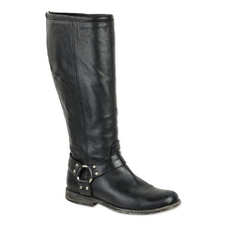 Frye Phillip Black Leather Back Zipper Harness Riding Boots
