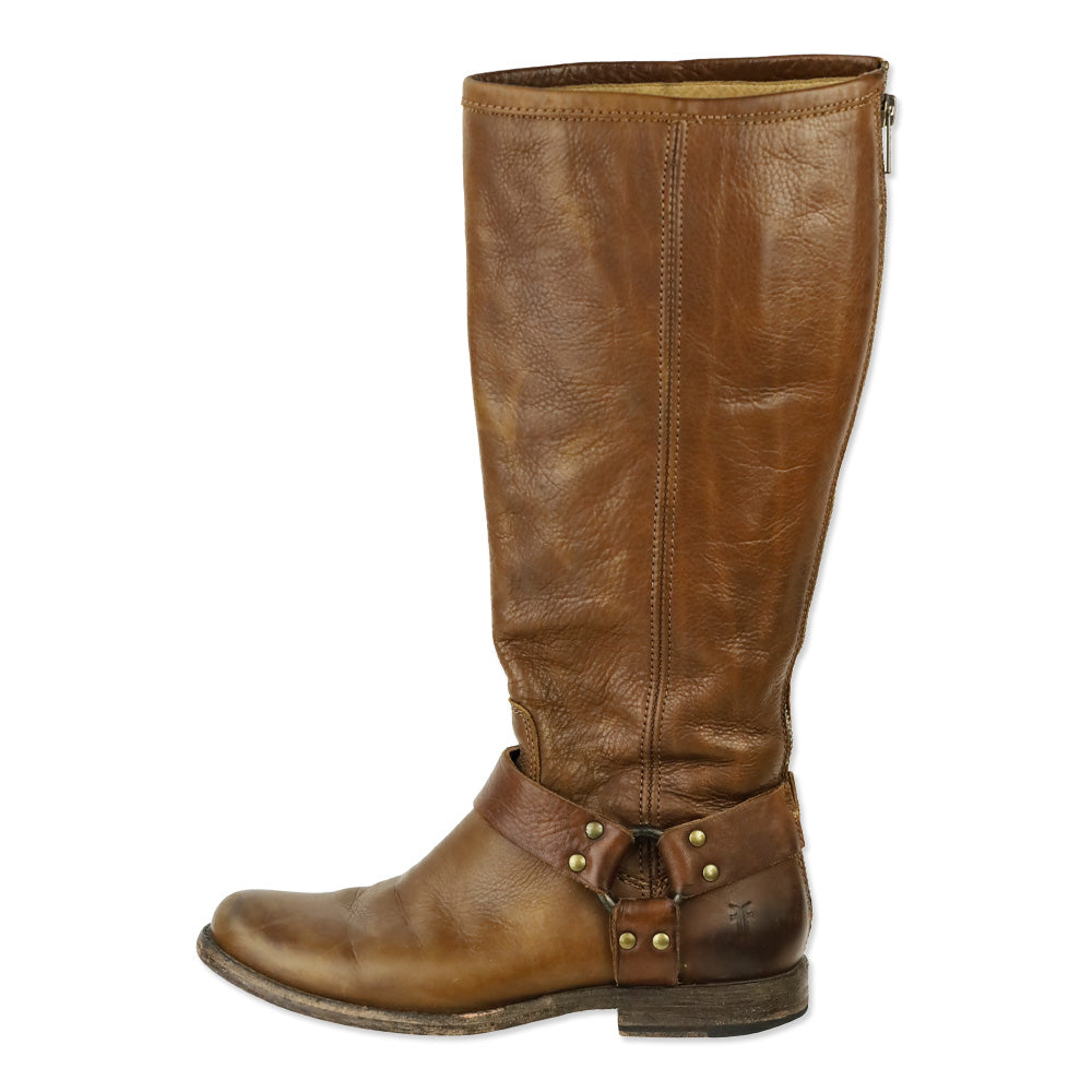 Frye Phillip Brown Leather Back Zipper Harness Riding Boots
