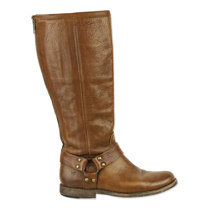 Frye Phillip Brown Leather Back Zipper Harness Riding Boots