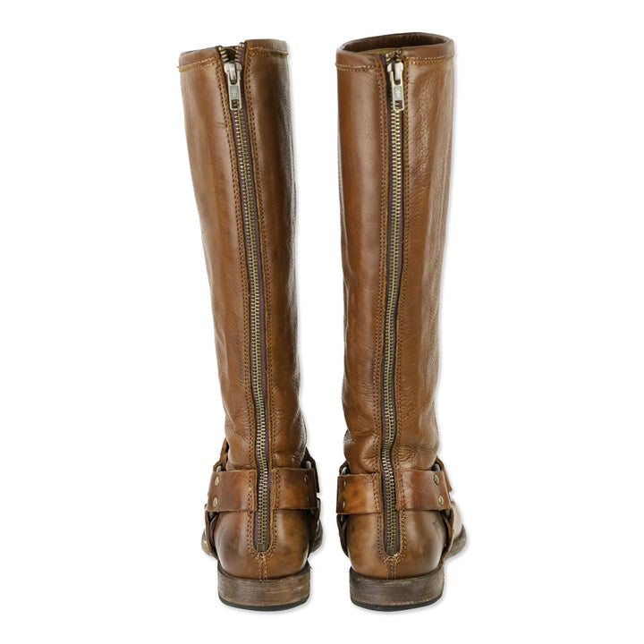 Frye Phillip Brown Leather Back Zipper Harness Riding Boots