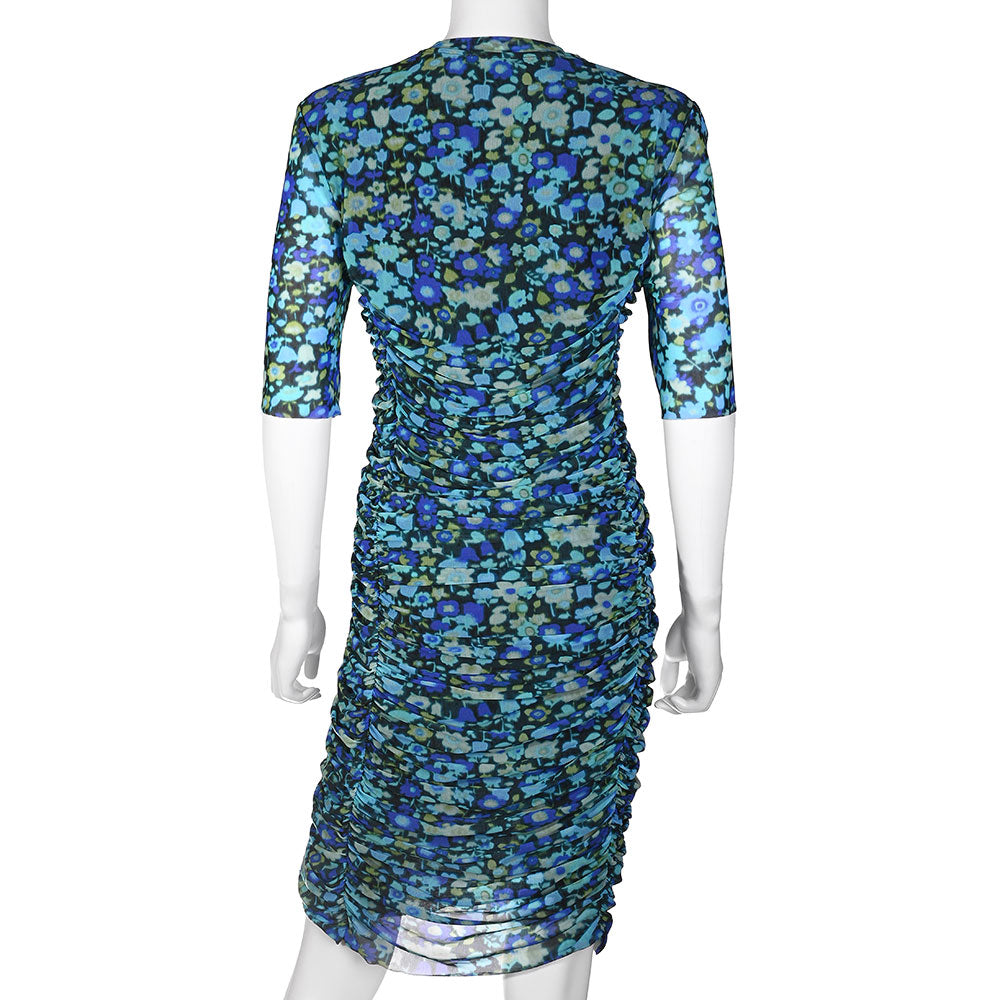 Ganni Blue Floral Print Ruched Dress