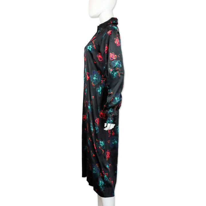 Ganni Black Red Floral Print Silk Stretch Satin Midi Dress