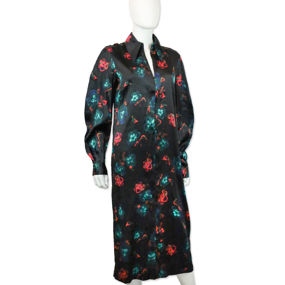 Ganni Black Red Floral Print Silk Stretch Satin Midi Dress
